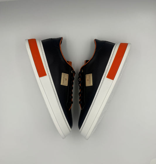 “NOCTURNE” LOW-TOP SNEAKERS IN PERFORATED NAVY LEATHER AND ORANGE DETAILING