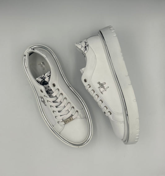 “IVORY GLOSS" LOW-TOP SNEAKERS IN WHITE LEATHER WITH SILVER PLATING