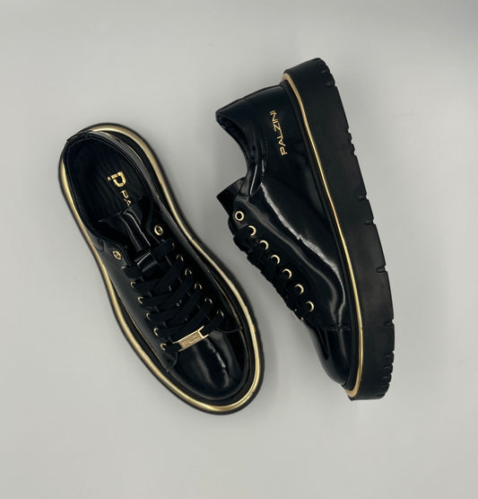 "NOCTEM GLOSS" LOW-TOP SNEAKERS IN SHINY BLACK LEATHER WITH GOLD PLATING