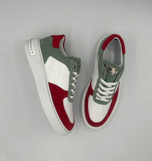 “MILANO” LOW-TOP WHITE LEATHER SNEAKER WITH RED AND GREEN SUEDE.