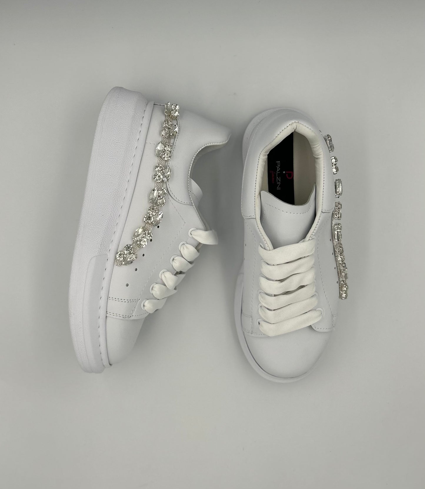 “DIAMANTE” LOW-TOP WHITE SNEAKERS WITH SILVER JEWEL ACCESSORIES