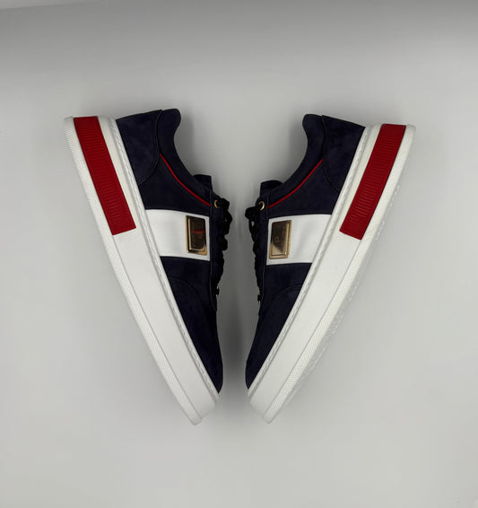 “TESORO ROSSO” LOW-TOP SNEAKERS IN NAVY SUEDE AND RED DETAILING