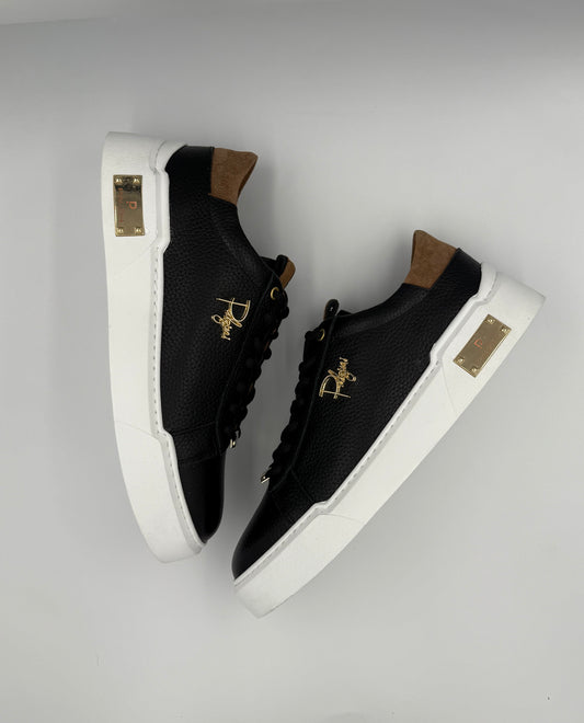 “NERO” LOW-TOP SNEAKERS IN BLACK LEATHER WITH GOLD ACCENTS AND BROWN DETAILING
