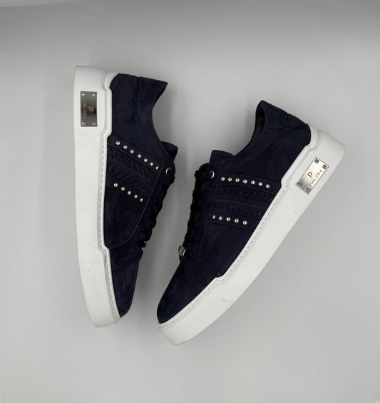 “LX-01” LOW-TOP SNEAKERS IN NAVY SUEDE WITH SILVER STUDS AND ACCESSORIES