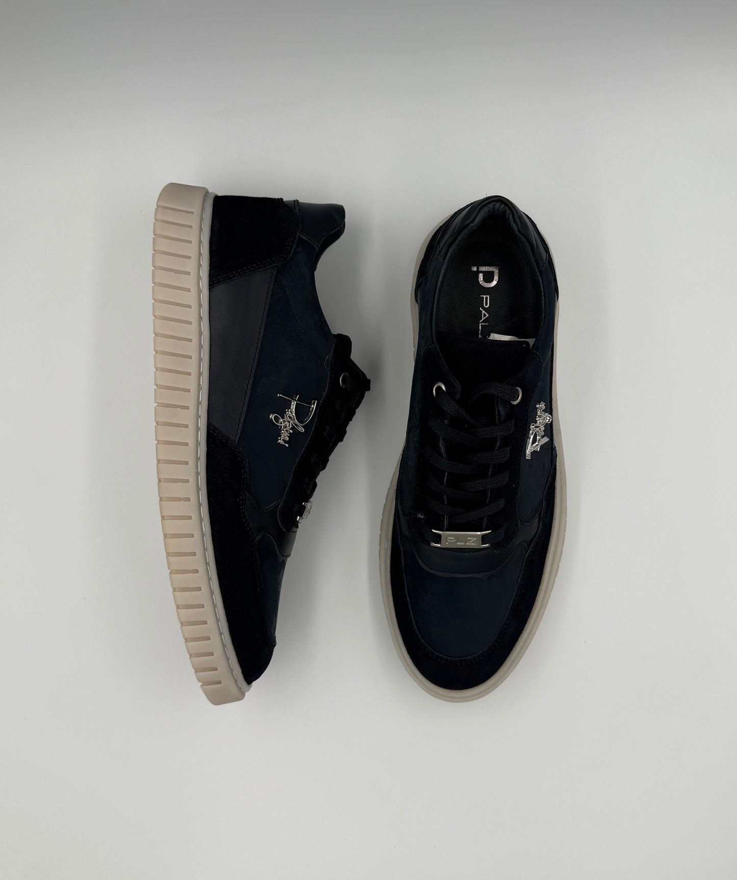 “AVENUE V” LOW-TOP SNEAKERS IN MULTI-LAYERED NAVY SUEDE AND SILVER ACCESSORIES